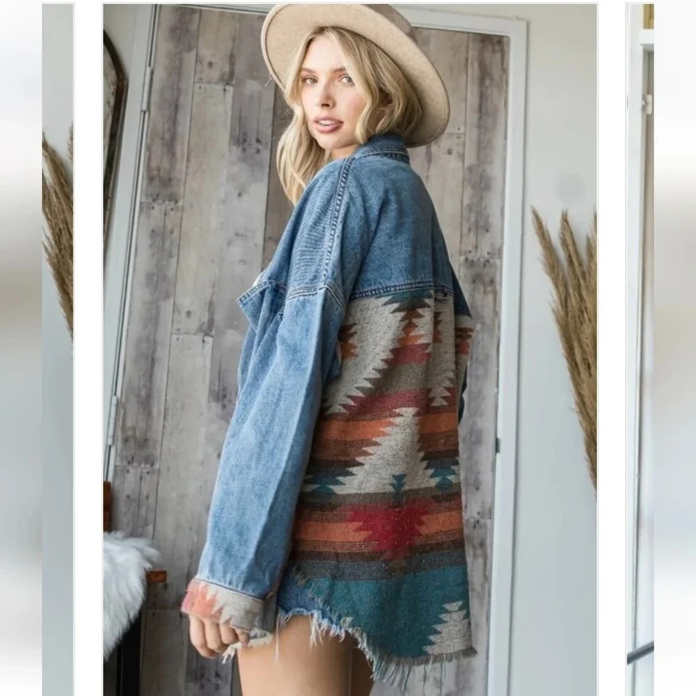 New! Aztec Denim Button Down Shacket - Picture 1 of 8